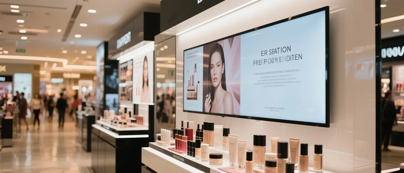 Display a parete in un punto vendita beauty con contenuti promozionali